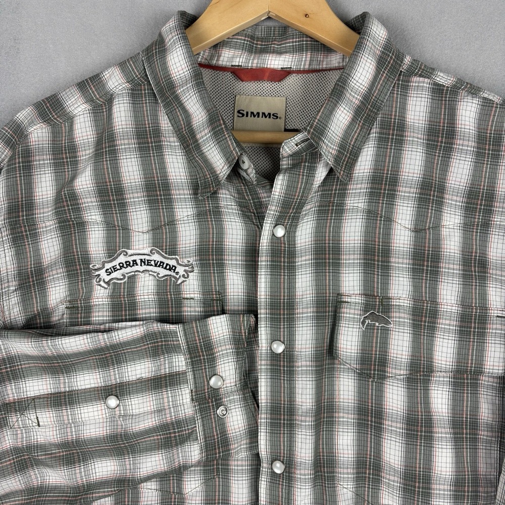 Simms Pearl Snap Shirt Mens White Green Plaid Long Sleeve Fishing Vented Western